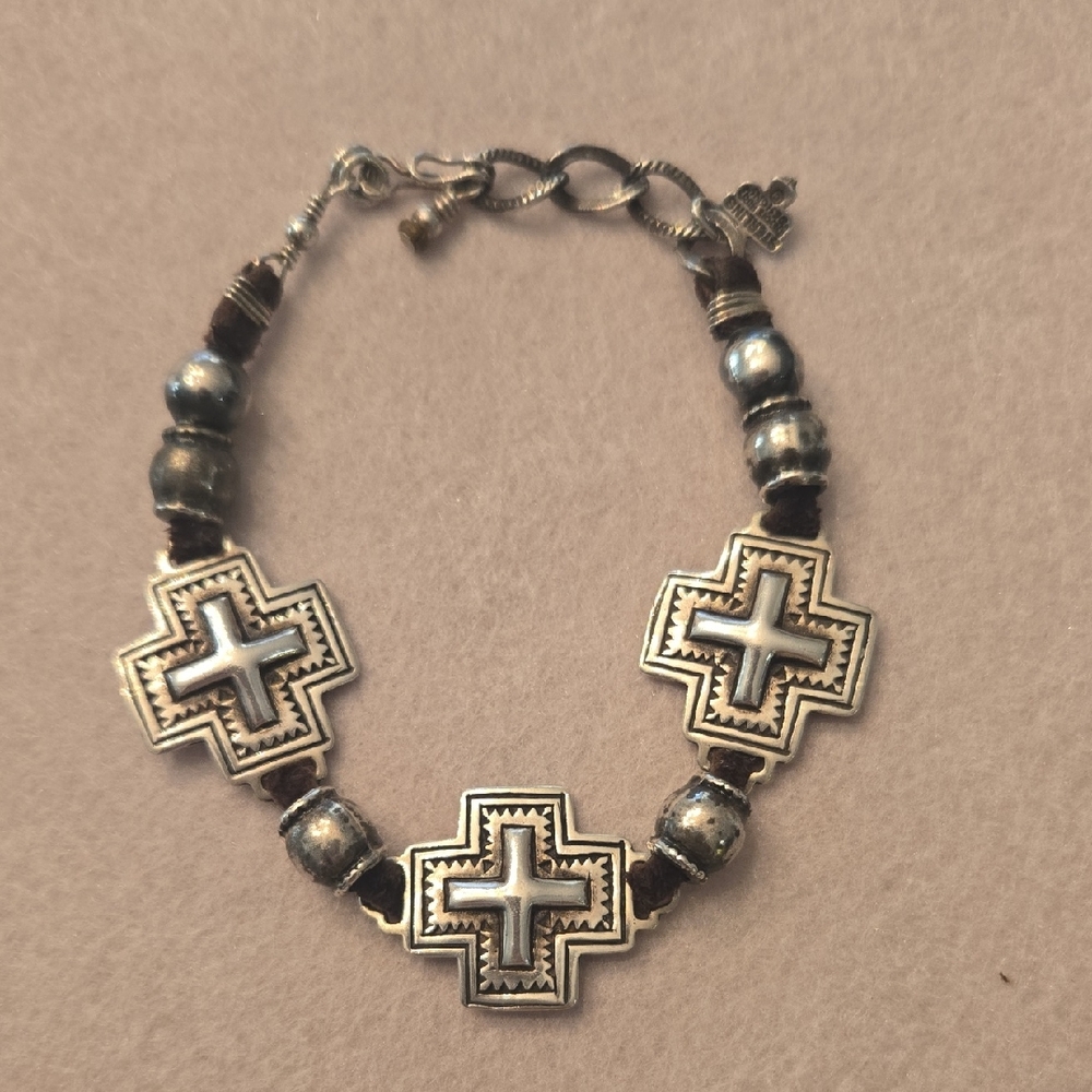 Sterling Silver Peyote Brand Designs  Cross Leather Bracelet
